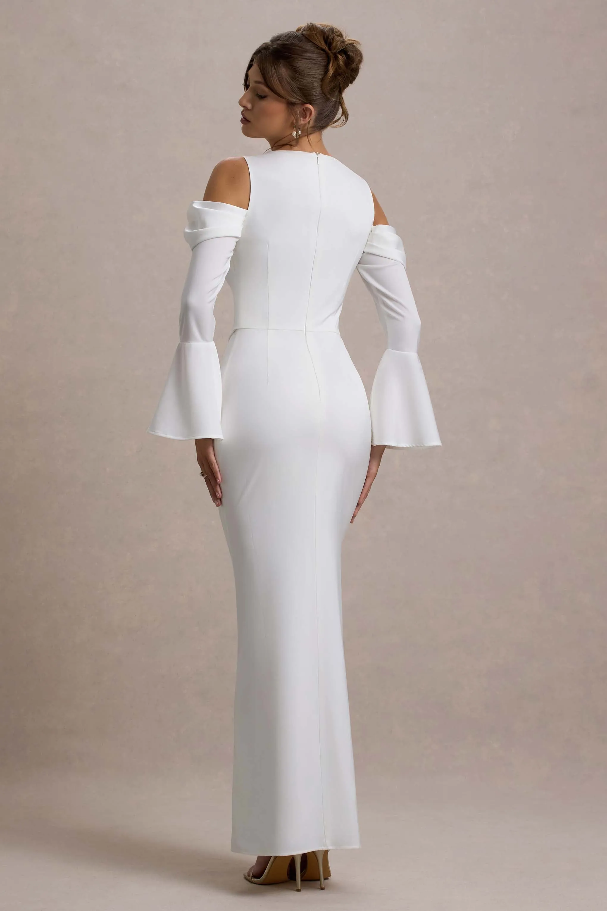 Heartthrob | Ivory Satin Draped Bardot Maxi Dress sold by Club L London product image thumbnail 2
