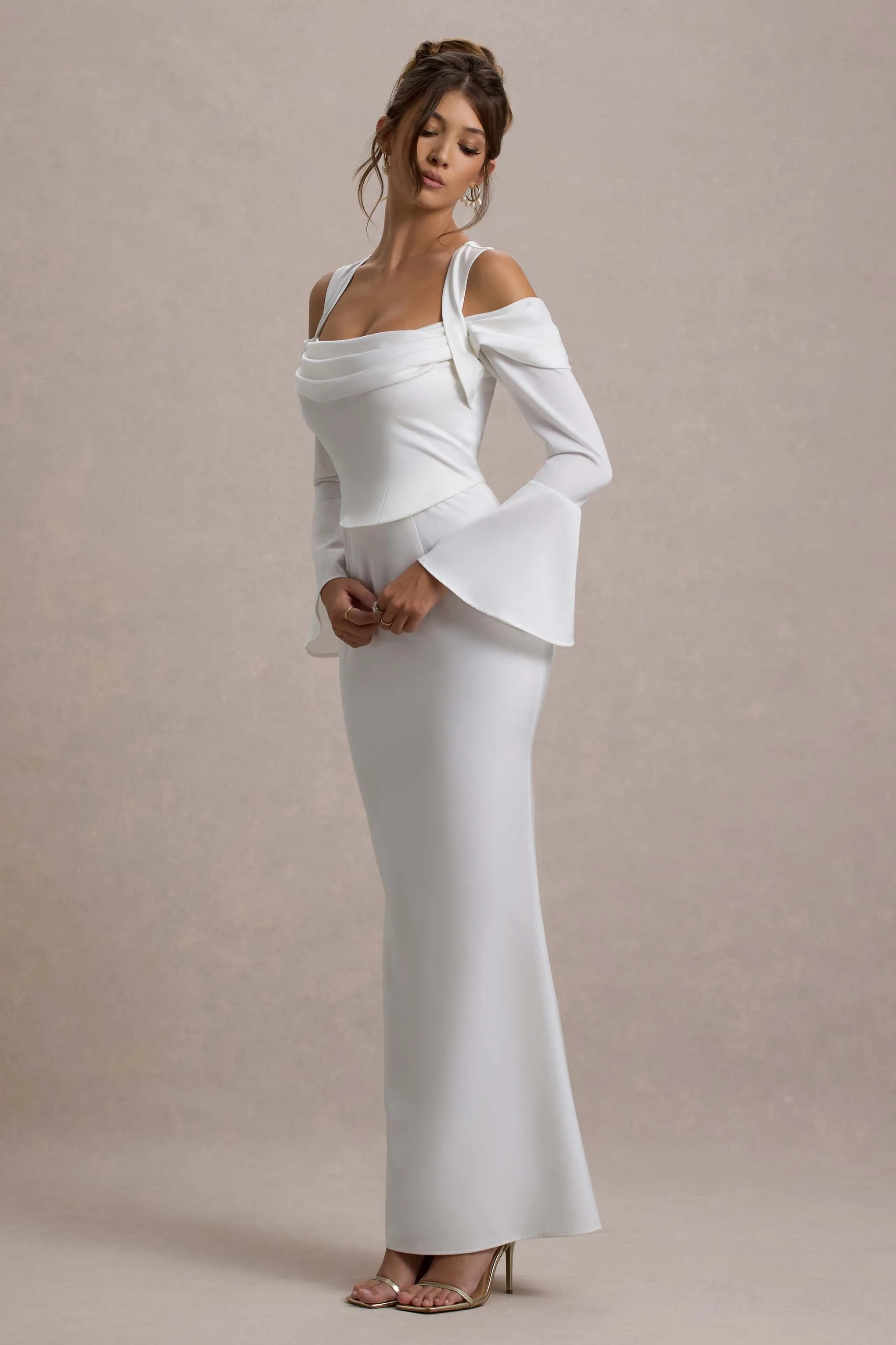 Heartthrob | Ivory Satin Draped Bardot Maxi Dress sold by Club L London product image thumbnail 5