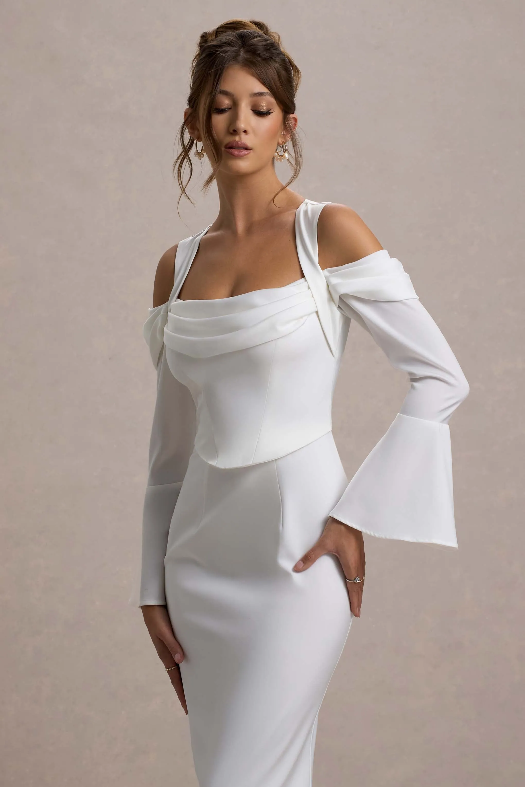 Heartthrob | Ivory Satin Draped Bardot Maxi Dress sold by Club L London product image thumbnail 3