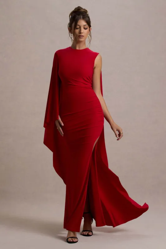 Yuna | Red Draped Maxi Dress With Cape made by Club L London