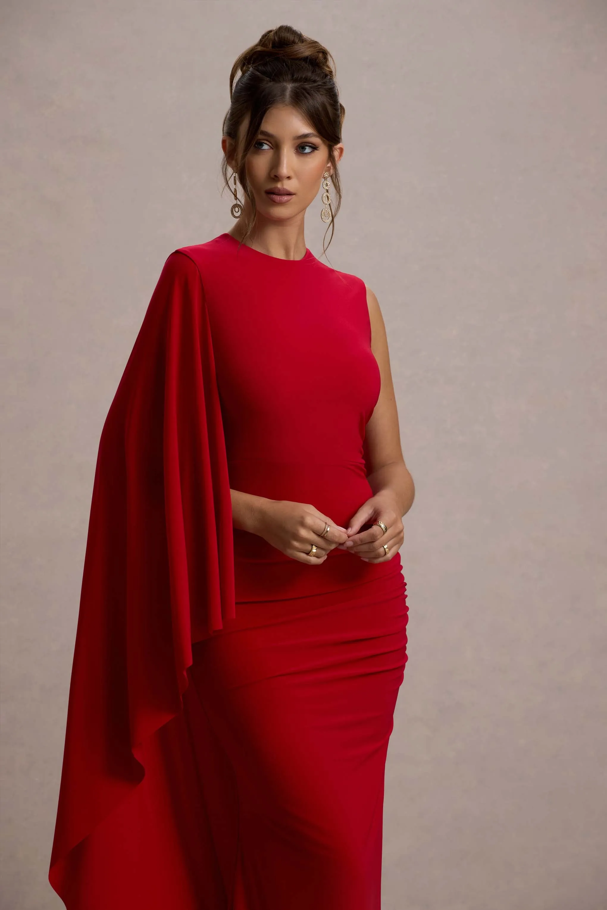 Yuna | Red Draped Maxi Dress With Cape sold by Club L London product image thumbnail 3