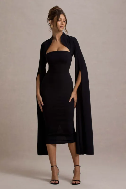 Linden | Black Bodycon Cape-Sleeve Midi Dress sold by Club L London