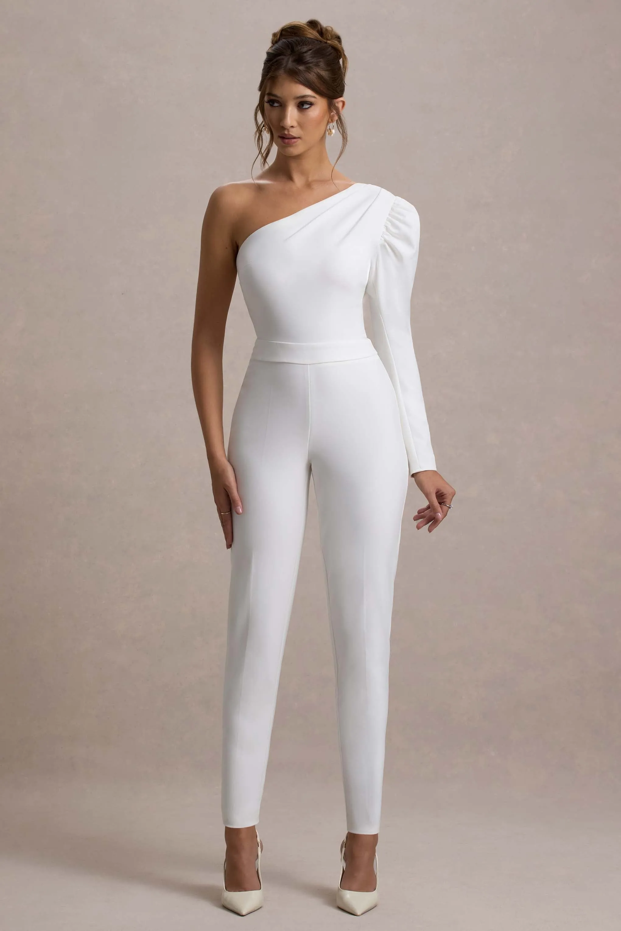San Jose | White One-Shoulder Puff-Sleeve Jumpsuit sold by Club L London