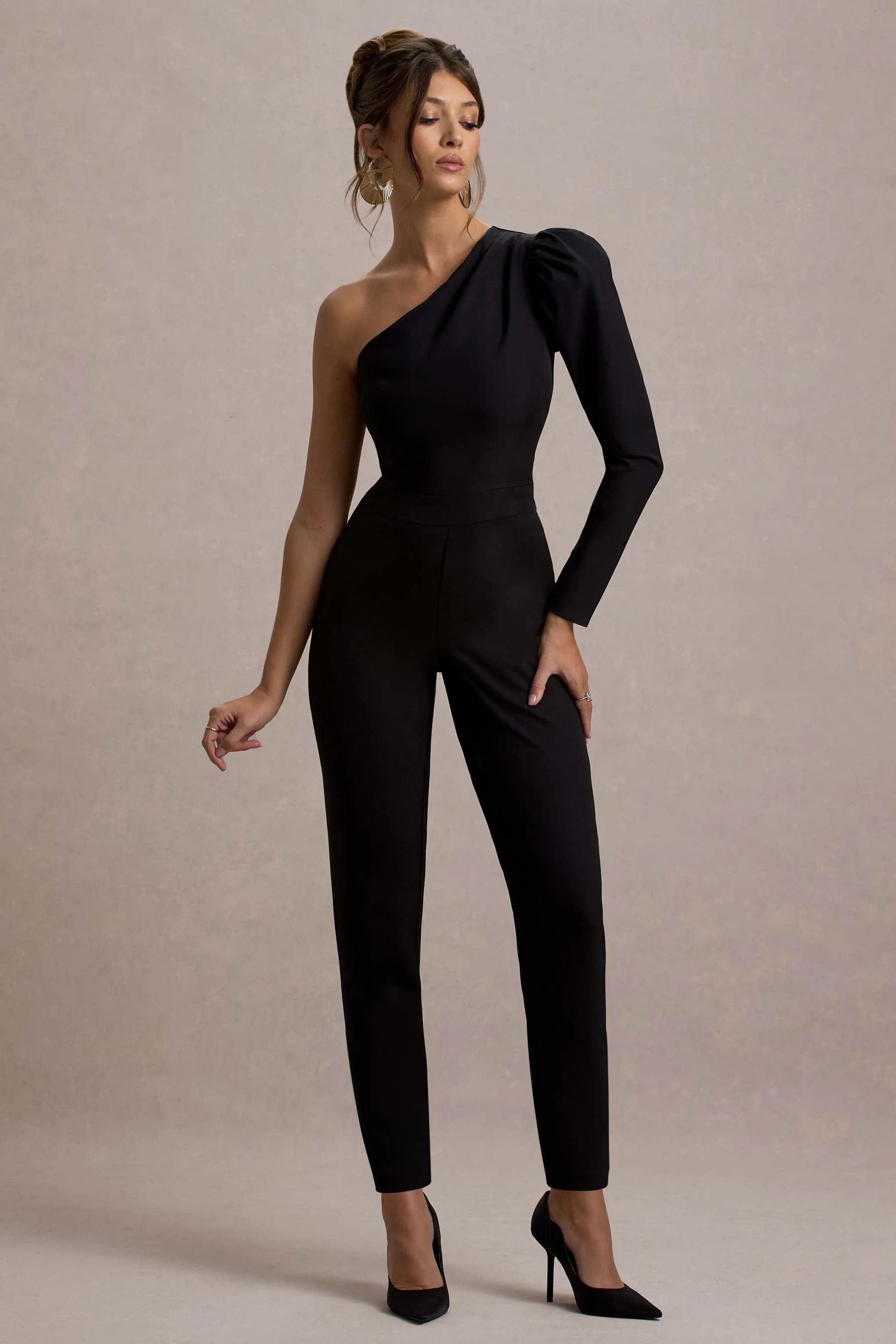 San Jose | Black One-Shoulder Puff-Sleeve Jumpsuit sold by Club L London