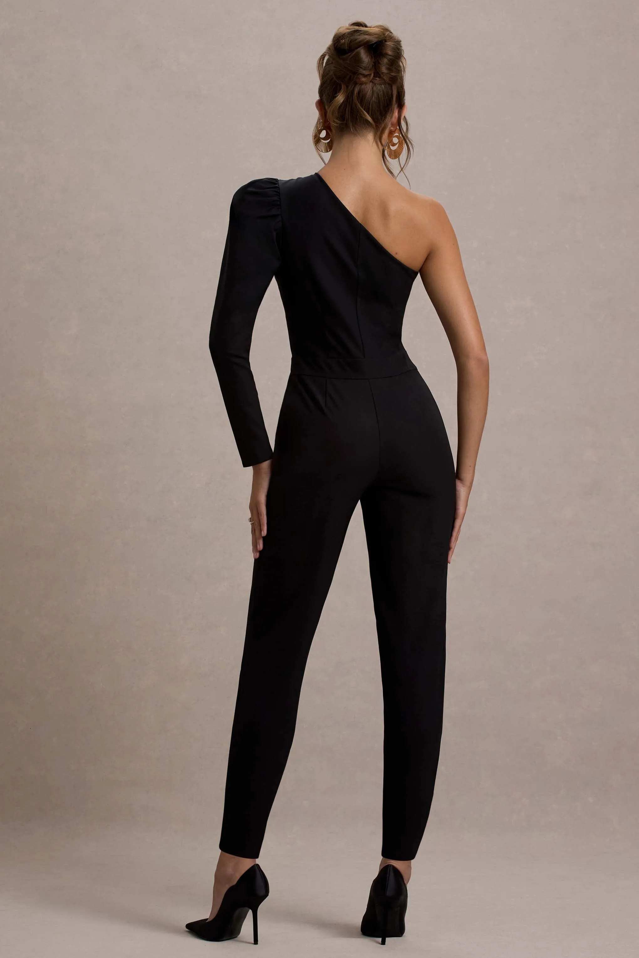 San Jose | Black One-Shoulder Puff-Sleeve Jumpsuit sold by Club L London product image thumbnail 2