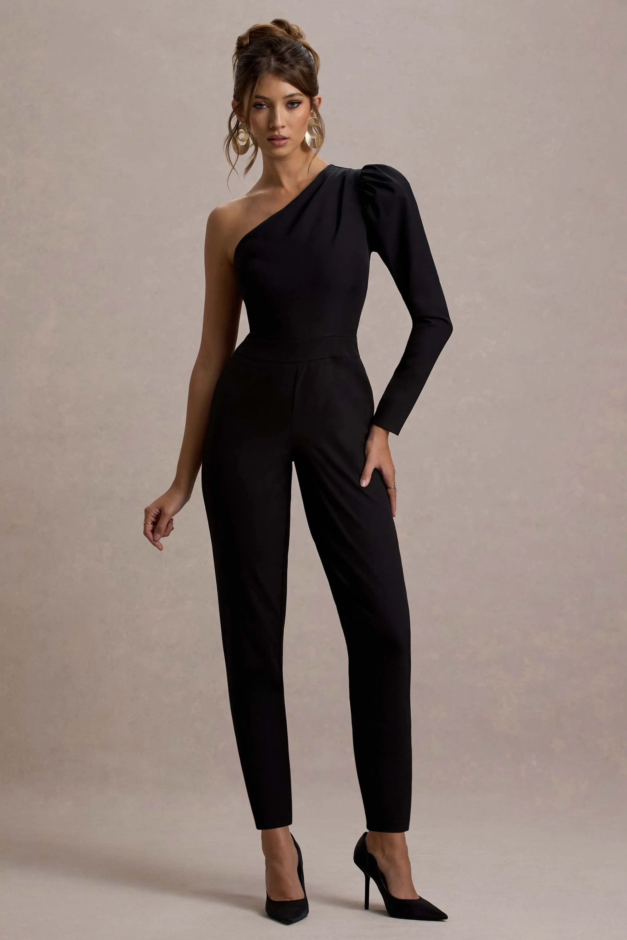 San Jose | Black One-Shoulder Puff-Sleeve Jumpsuit sold by Club L London product image thumbnail 4