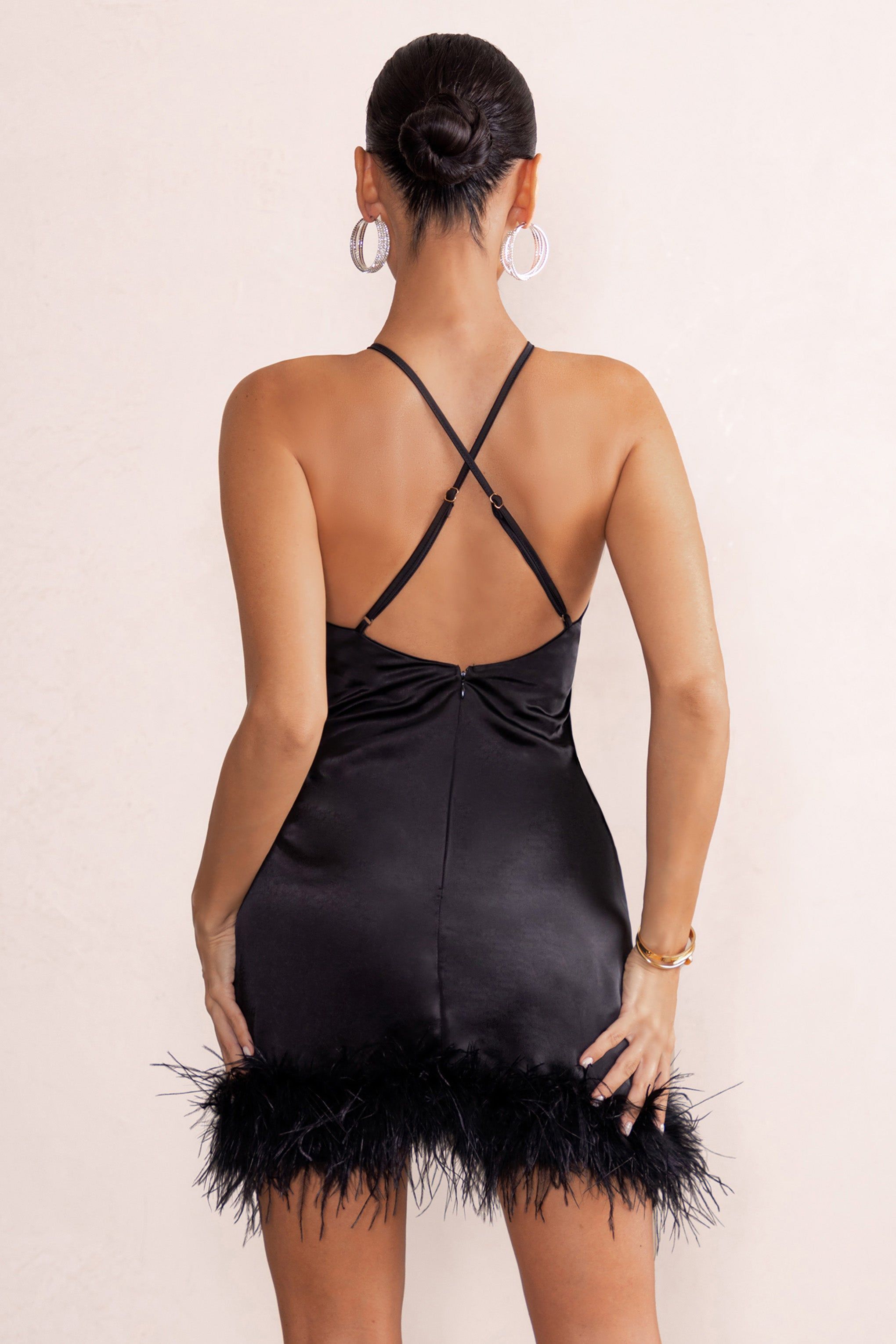 Members Only | Black Satin Feather Trim Mini Dress sold by Club L London product image thumbnail 2