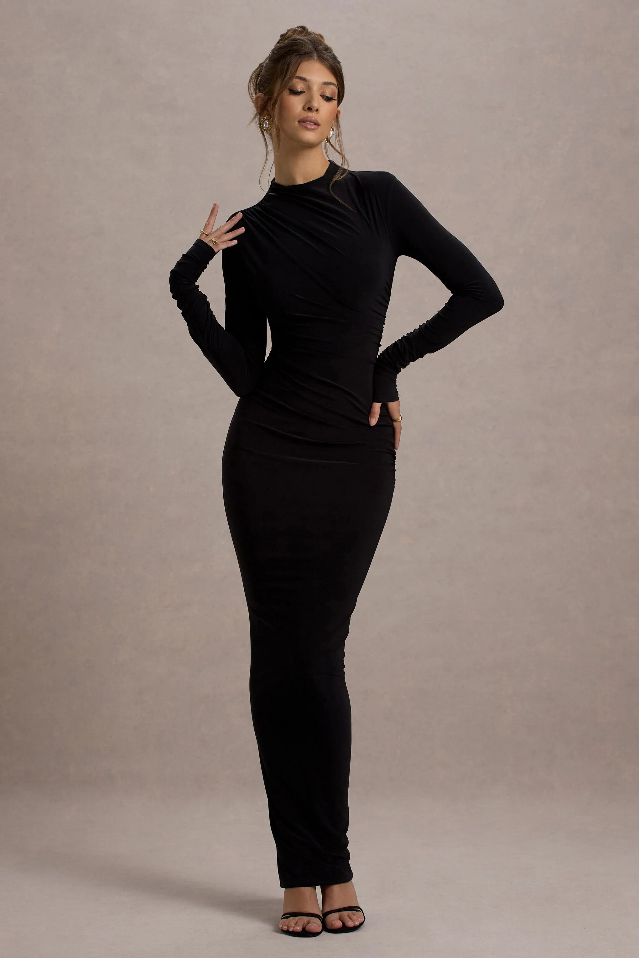 Hespera | Black High-Neck Long-Sleeve Gathered Maxi Dress sold by Club L London