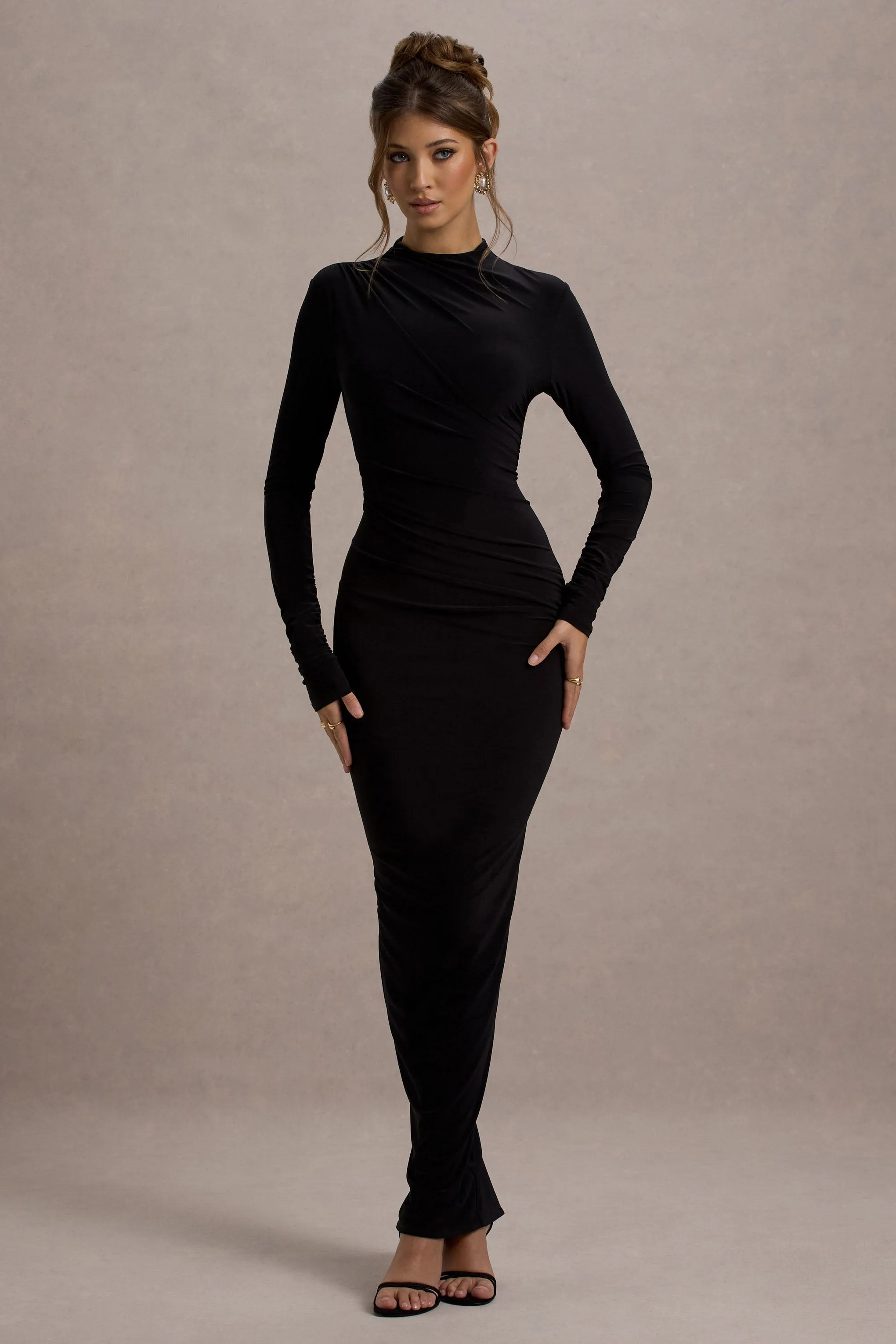 Hespera | Black High-Neck Long-Sleeve Gathered Maxi Dress sold by Club L London product image thumbnail 3