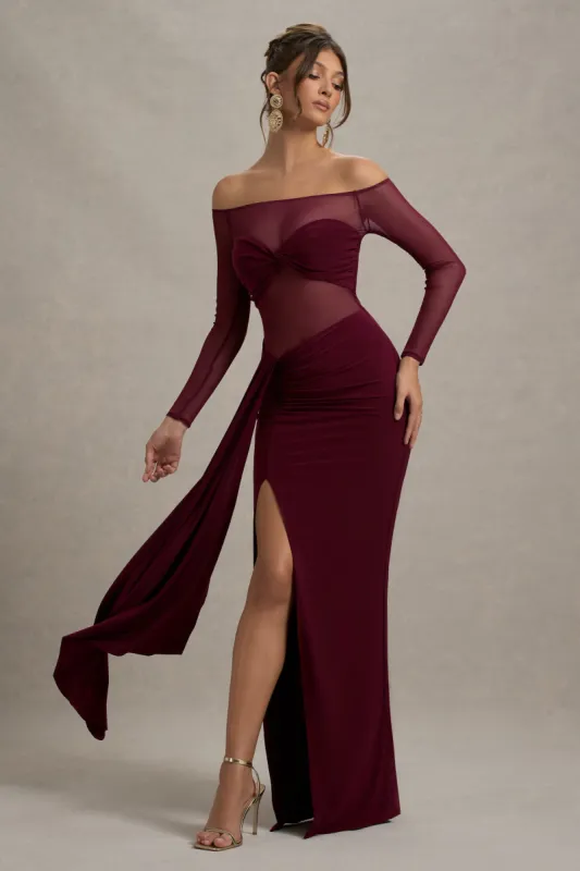 Cover Star | Burgundy Mesh Bardot Long-Sleeve Draped Maxi Dress sold by Club L London