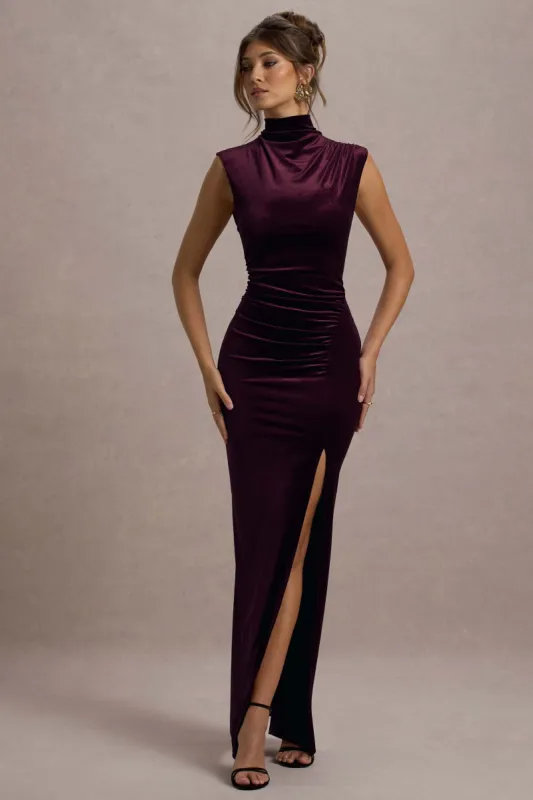 Abilene | Port Velvet High-Neck Split Maxi Dress sold by Club L London