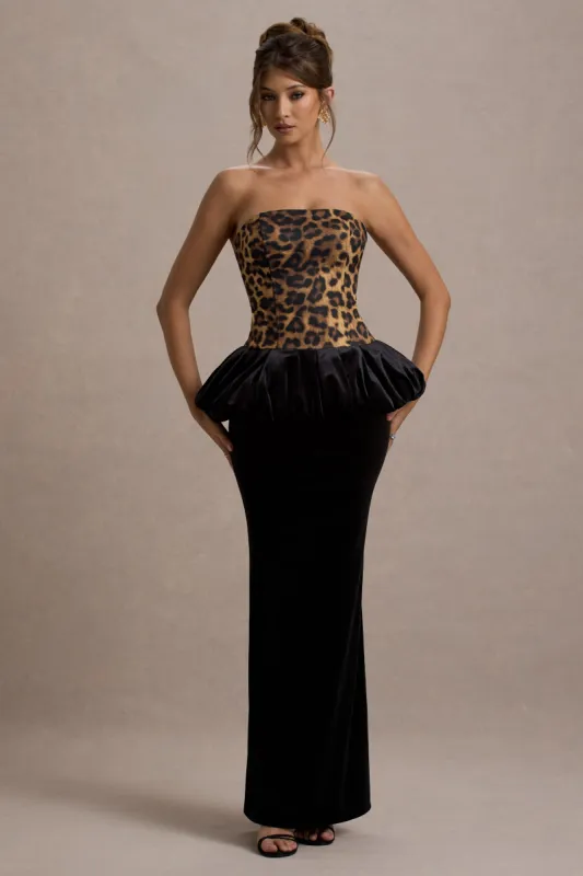 Harriette | Leopard Print Bandeau Maxi Dress With Black Velvet Peplum Skirt sold by Club L London