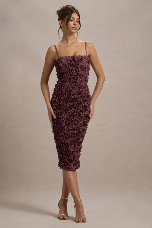 New Love | Dark Mauve Strappy Midi Dress With Mesh Flowers sold by Club L London