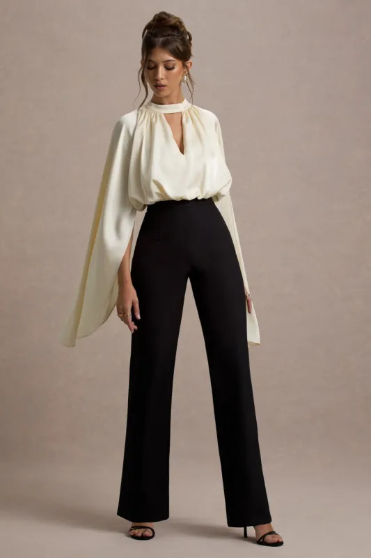 Amity | Black & Cream Wide-Leg Jumpsuit With Satin Cape Sleeves sold by Club L London