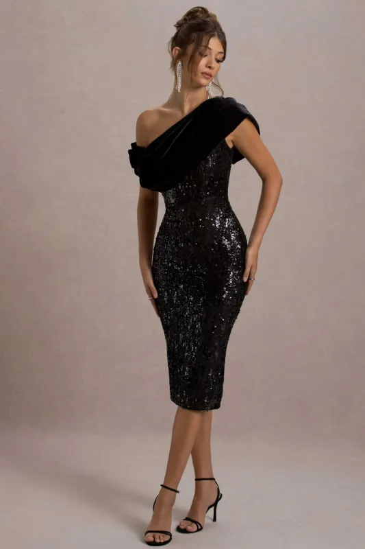 Volute | Black Sequin One-Shoulder Draped Midi Dress sold by Club L London