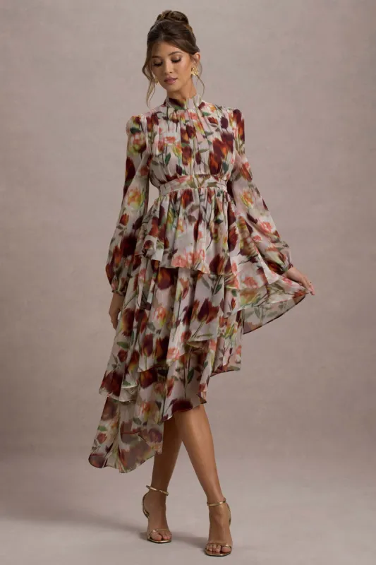 Begonia | Cream Floral Print High-Neck Tiered Chiffon Maxi Dress sold by Club L London