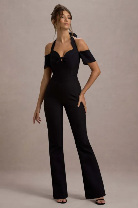 Aurea | Black Halter-Neck Flared-Leg Jumpsuit sold by Club L London