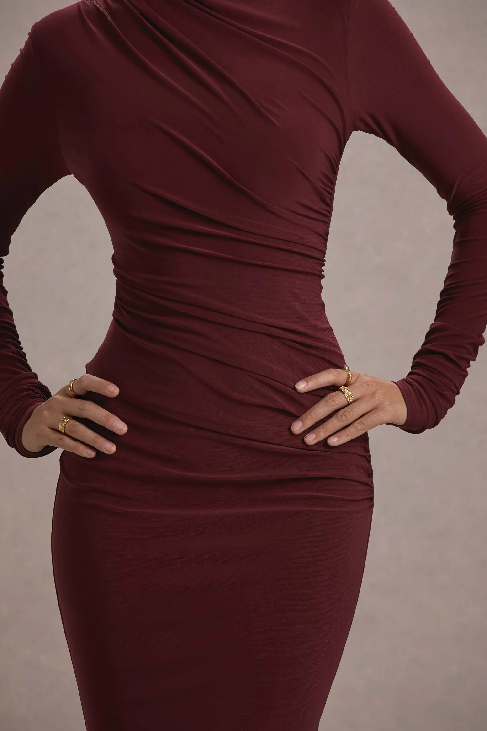 Hespera | Port High-Neck Long-Sleeve Gathered Maxi Dress sold by Club L London product image thumbnail 5