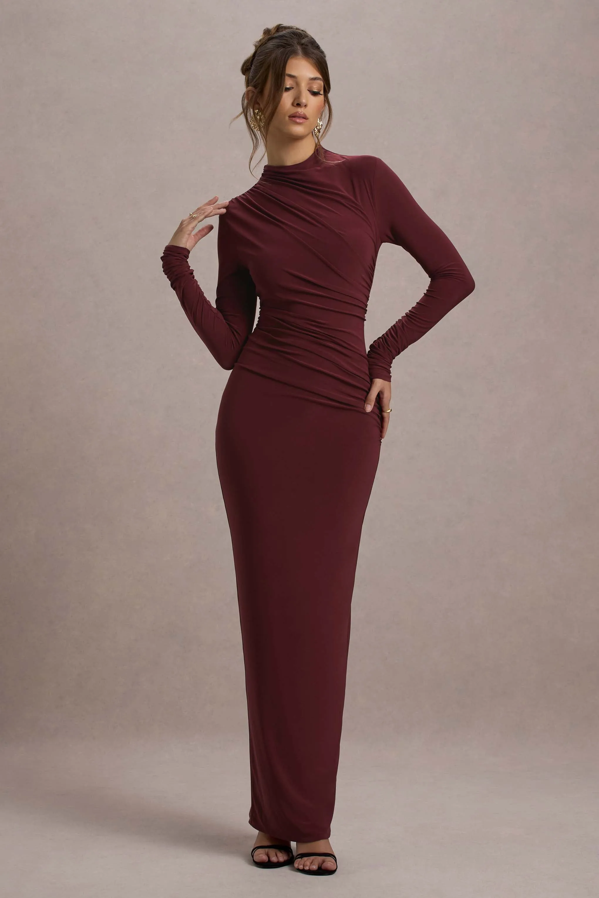 Hespera | Port High-Neck Long-Sleeve Gathered Maxi Dress sold by Club L London