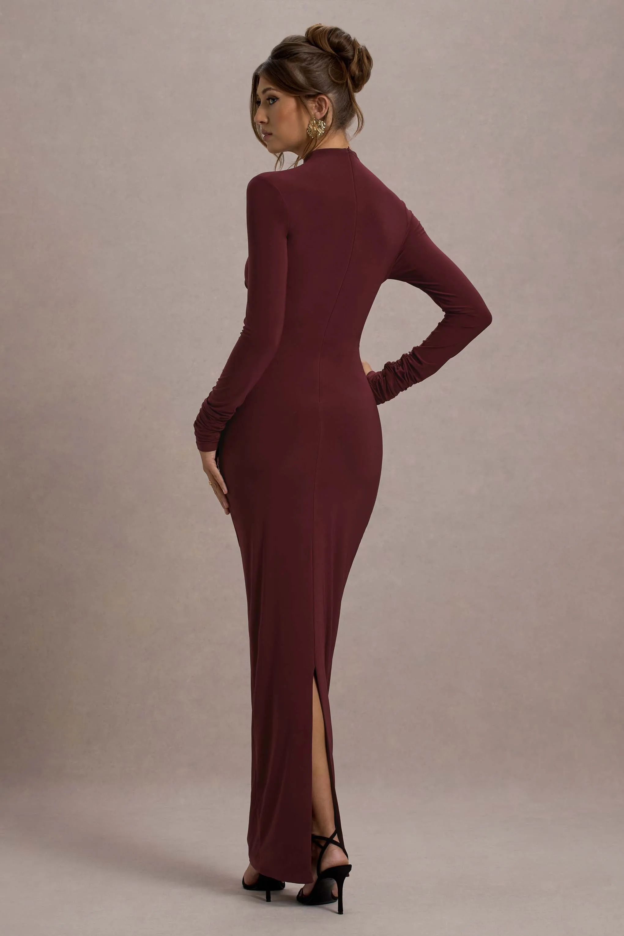 Hespera | Port High-Neck Long-Sleeve Gathered Maxi Dress sold by Club L London product image thumbnail 2