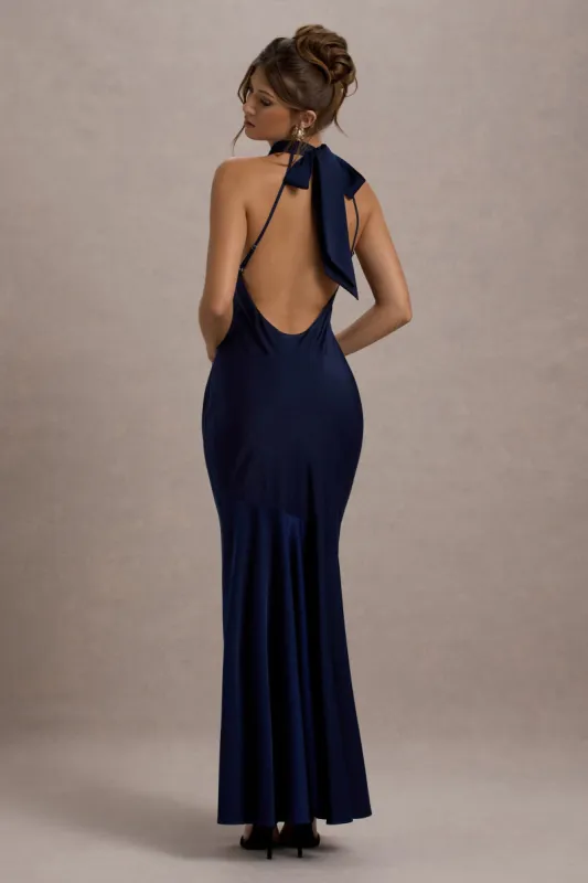 Amelita | Navy Satin Cowl-Neck Maxi Dress sold by Club L London