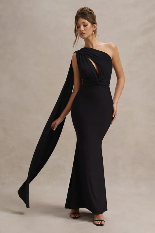 Elaina | Black Asymmetric Knot Maxi Dress With Sash sold by Club L London