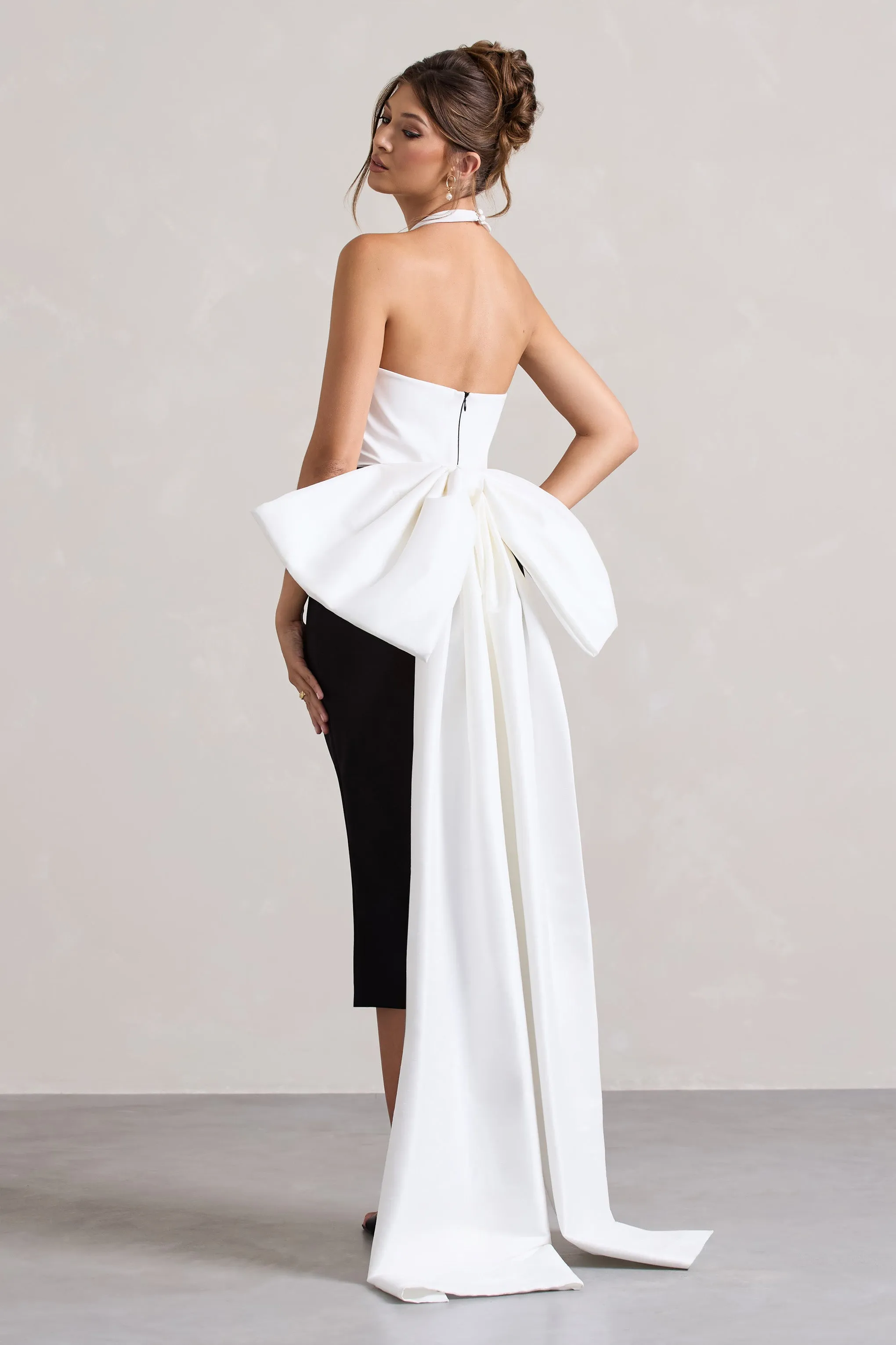 Blanca | Black & White Halter-Neck Cut-Out Midi Dress With Oversized Bow sold by Club L London product image thumbnail 4