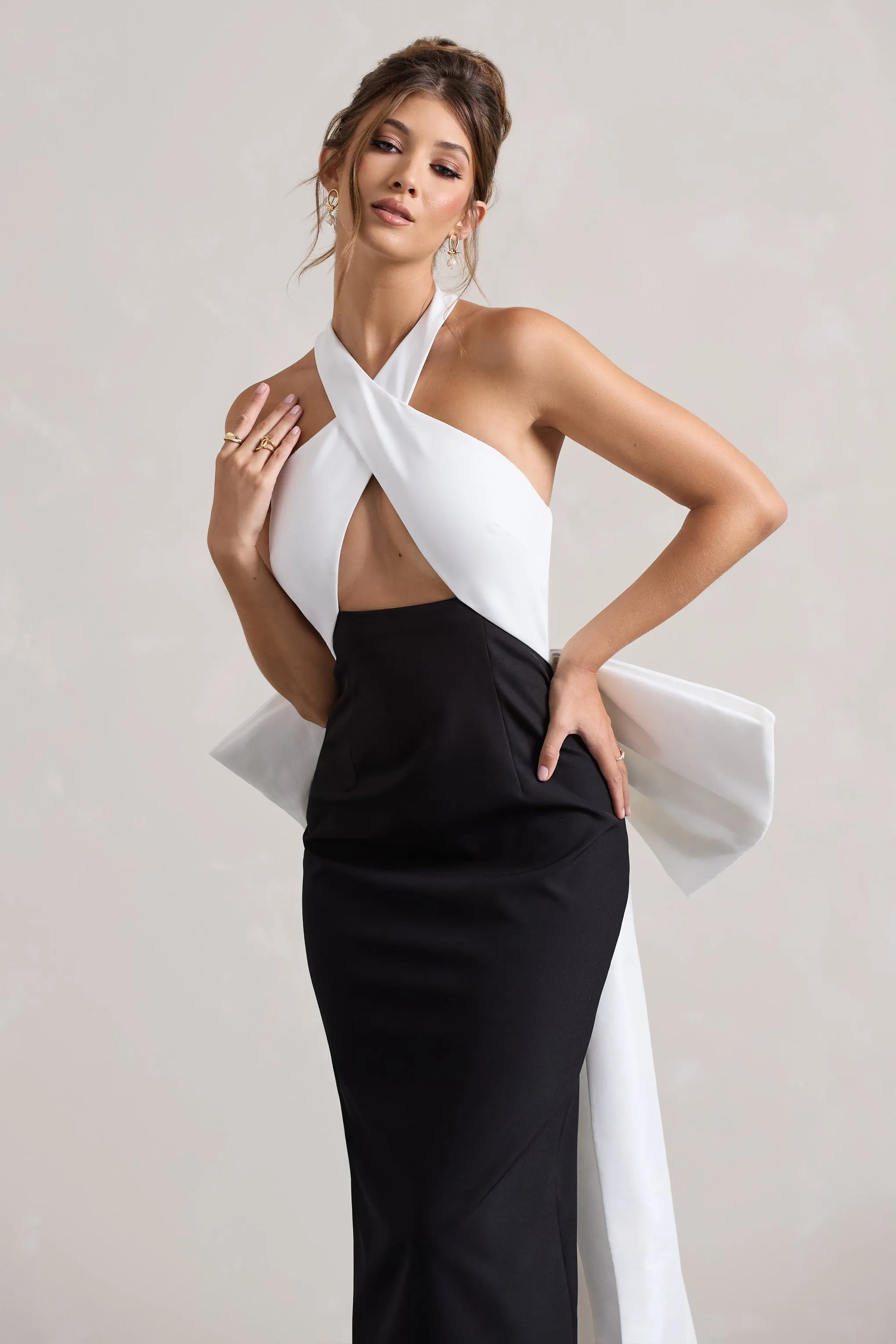 Blanca | Black & White Halter-Neck Cut-Out Midi Dress With Oversized Bow sold by Club L London product image thumbnail 3