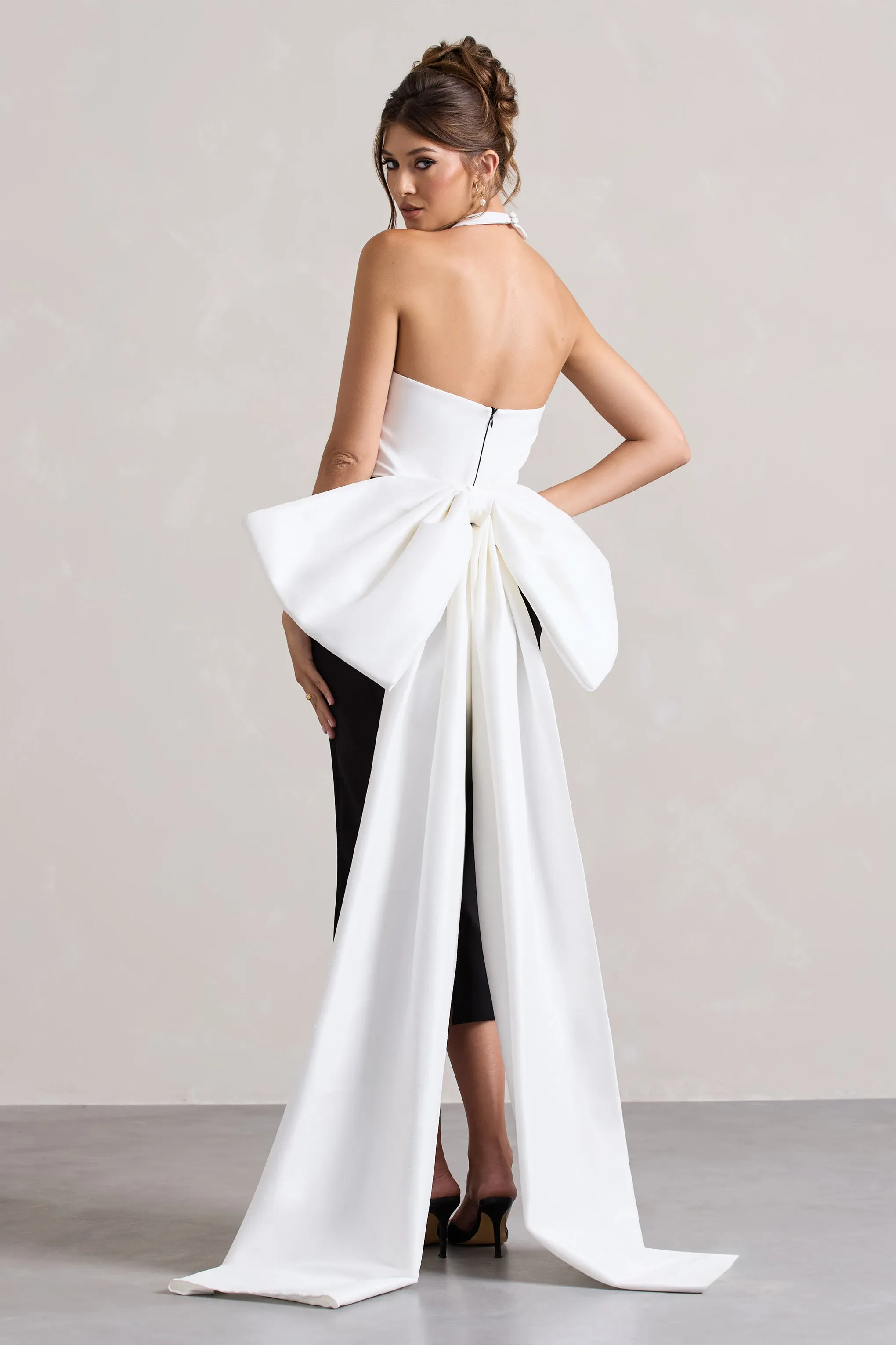 Blanca | Black & White Halter-Neck Cut-Out Midi Dress With Oversized Bow sold by Club L London product image thumbnail 2
