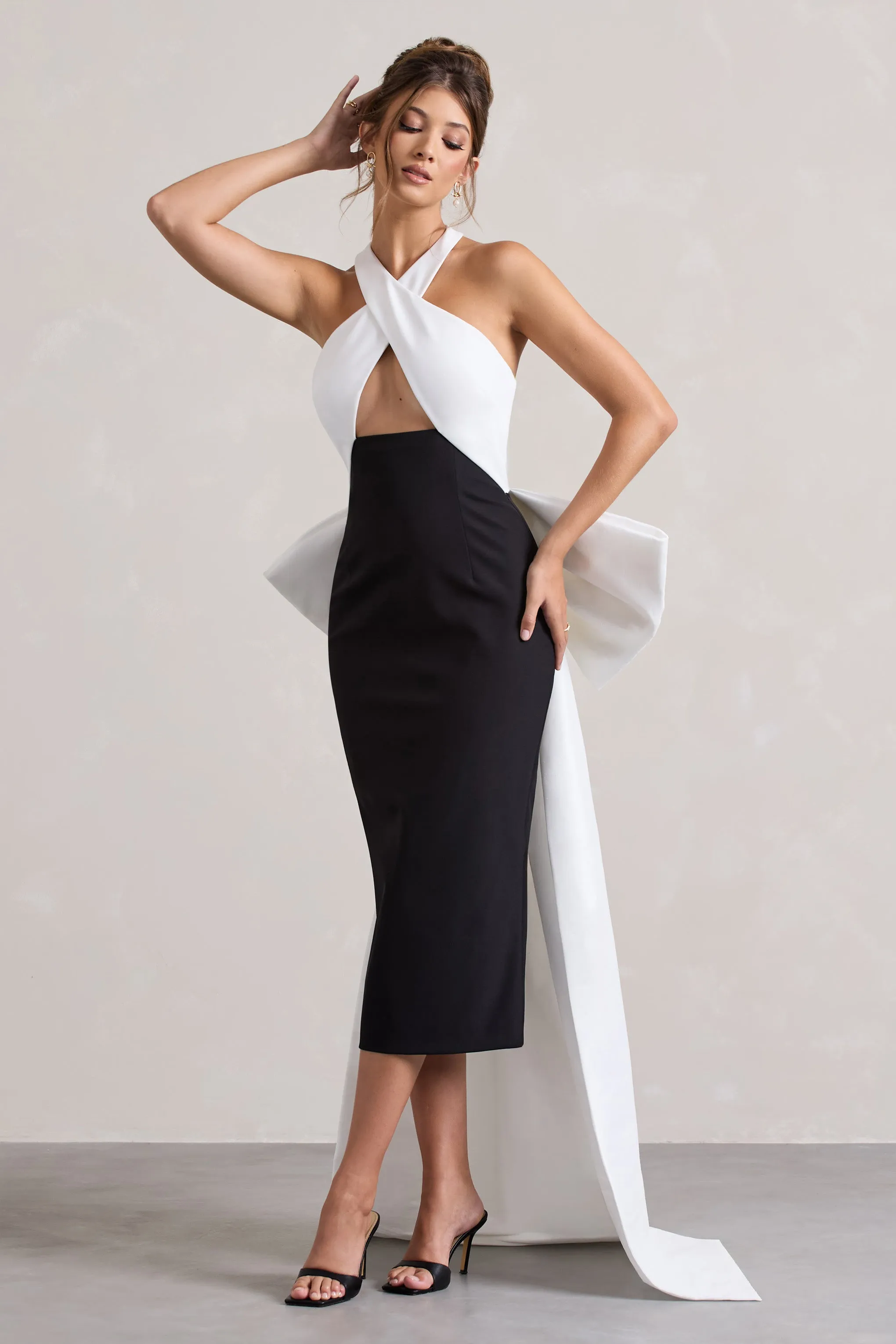 Blanca | Black & White Halter-Neck Cut-Out Midi Dress With Oversized Bow sold by Club L London product image thumbnail 5