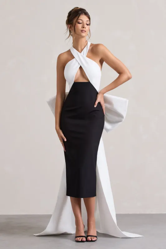Blanca | Black & White Halter-Neck Cut-Out Midi Dress With Oversized Bow sold by Club L London