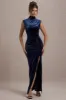 Abilene | Navy Velvet High-Neck Split Maxi Dress sold by Club L London