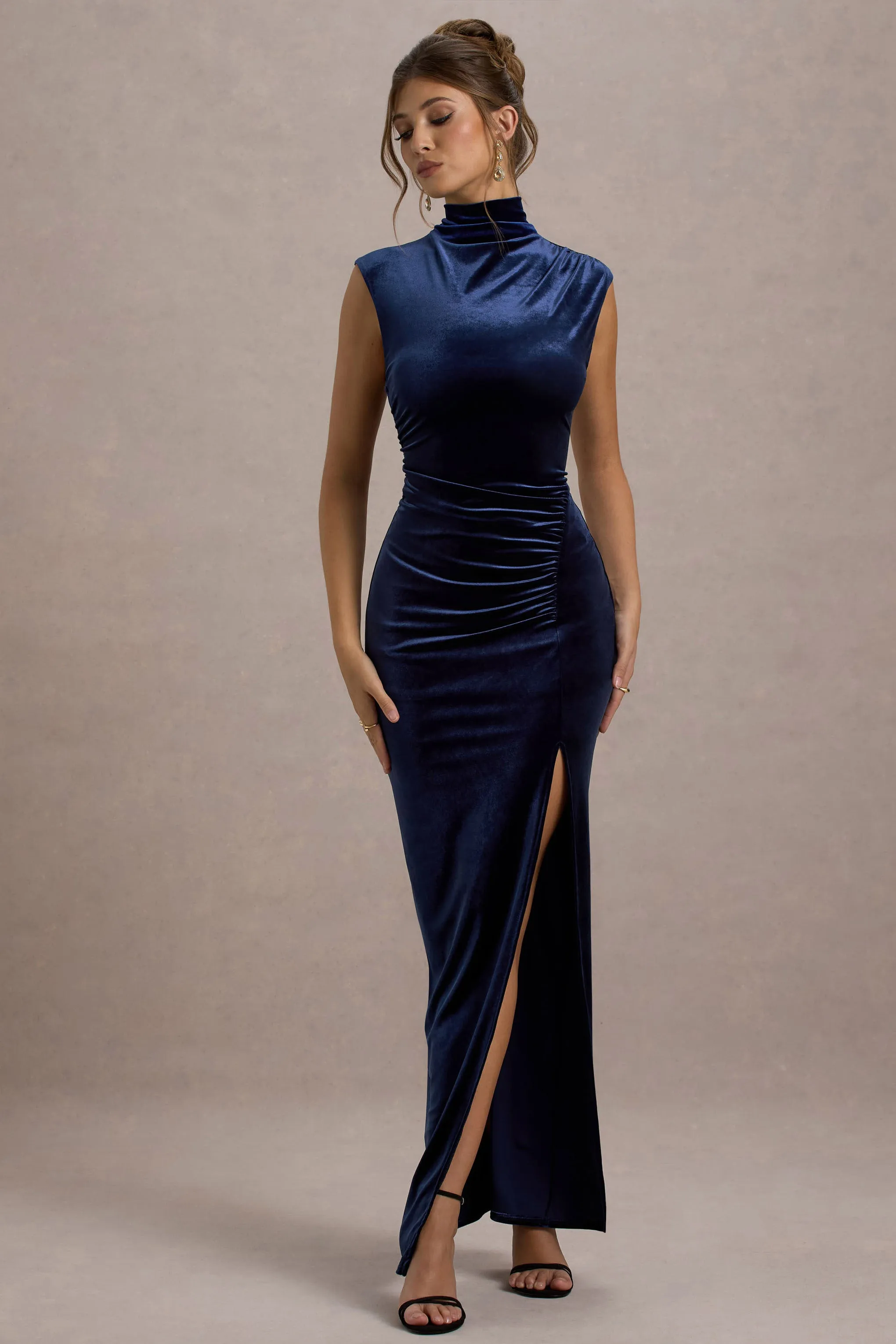Abilene | Navy Velvet High-Neck Split Maxi Dress sold by Club L London
