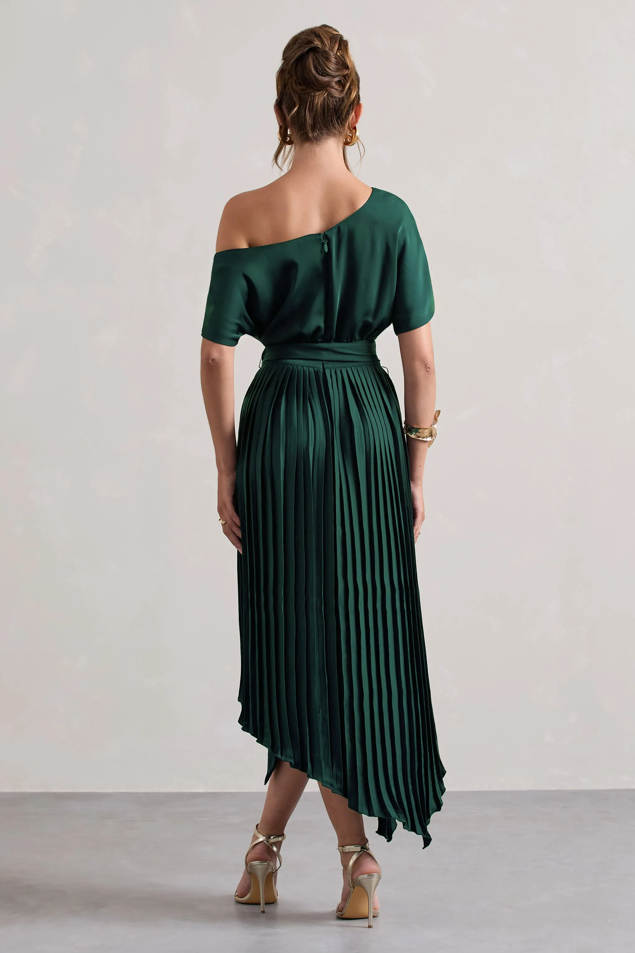 India | Bottle Green Satin Asymmetric Plisse Maxi Dress sold by Club L London product image thumbnail 2