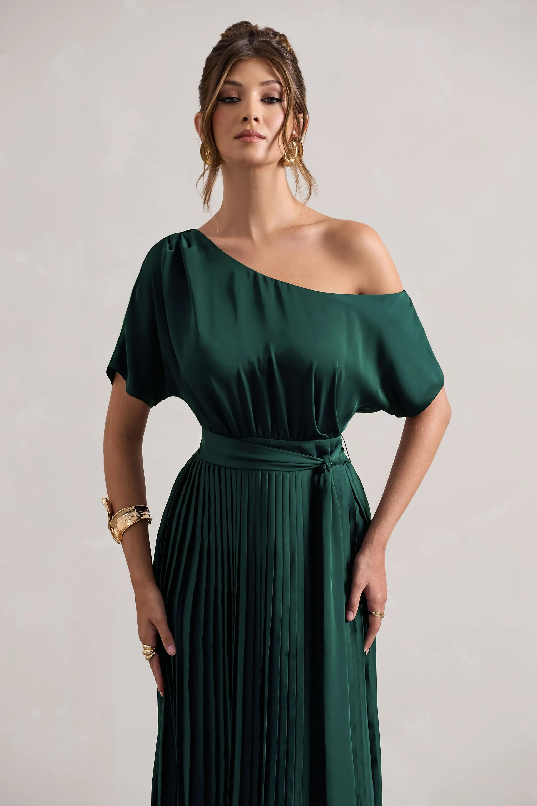 India | Bottle Green Satin Asymmetric Plisse Maxi Dress sold by Club L London product image thumbnail 3