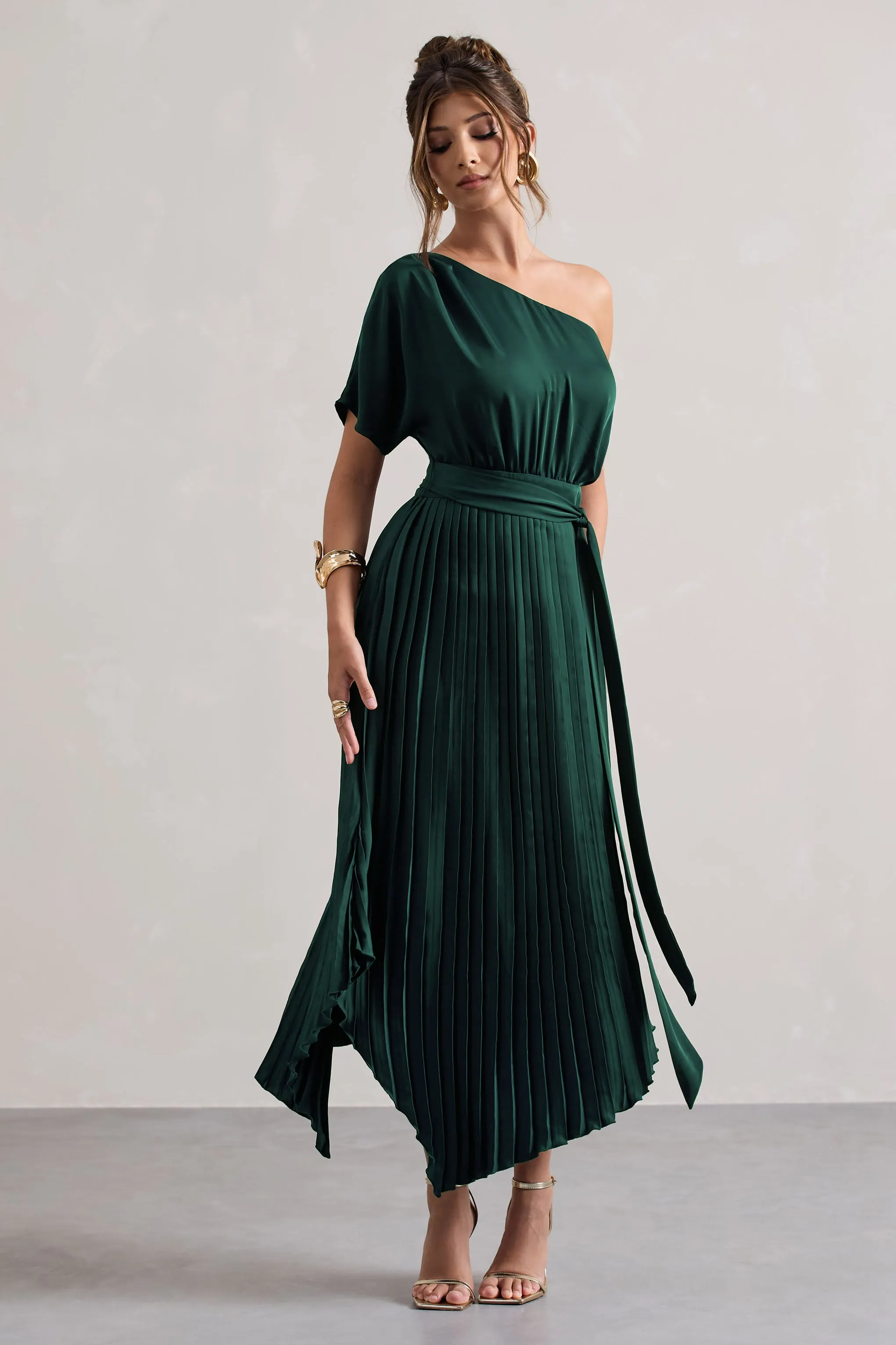 India | Bottle Green Satin Asymmetric Plisse Maxi Dress sold by Club L London product image thumbnail 5