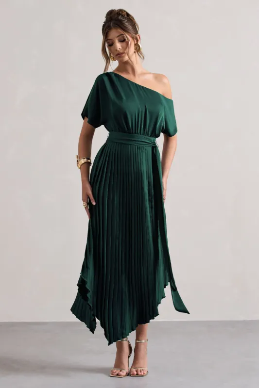 India | Bottle Green Satin Asymmetric Plisse Maxi Dress sold by Club L London