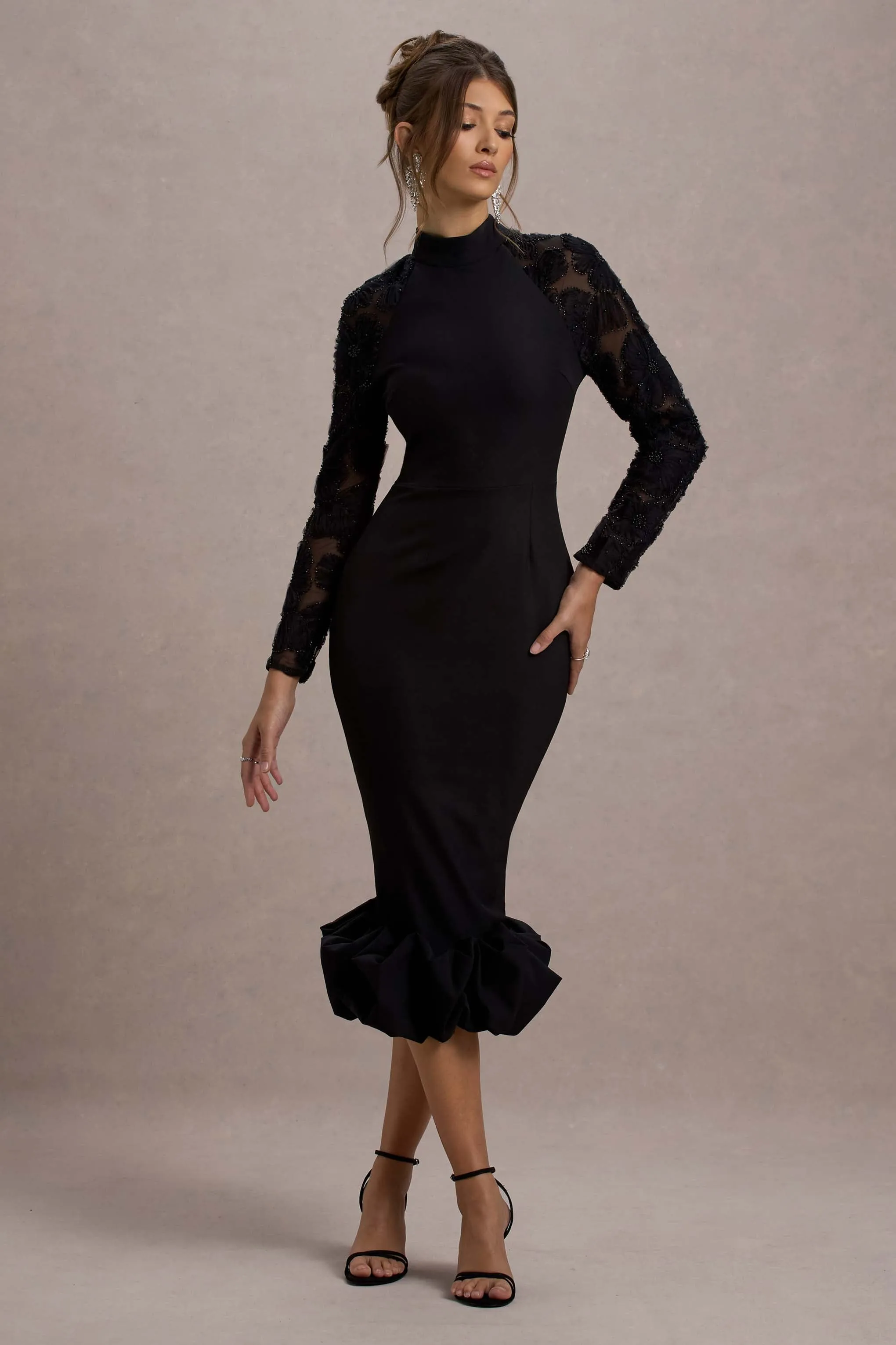 Chandra | Black Mesh Long-Sleeve Midi Dress With Ruffle Hem sold by Club L London