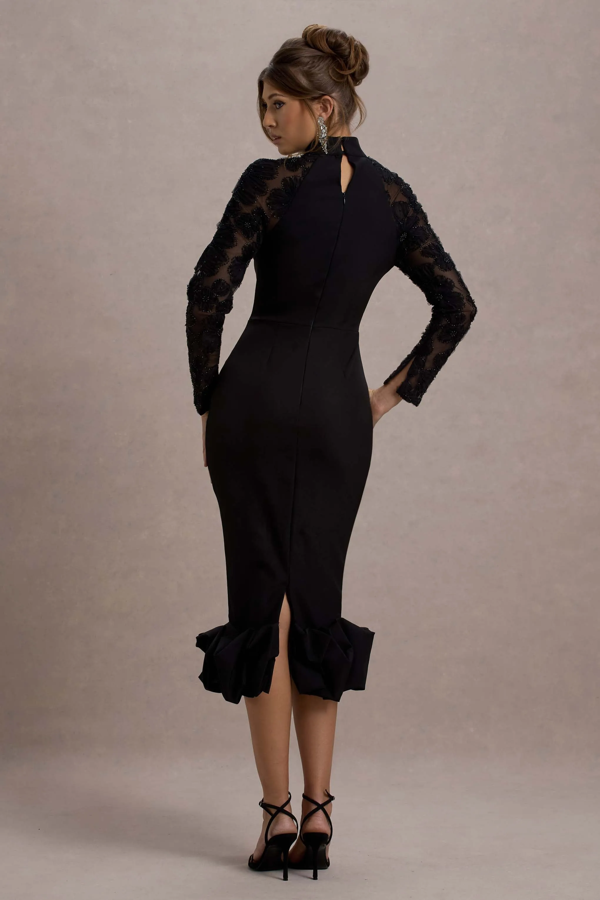 Chandra | Black Mesh Long-Sleeve Midi Dress With Ruffle Hem sold by Club L London product image thumbnail 2