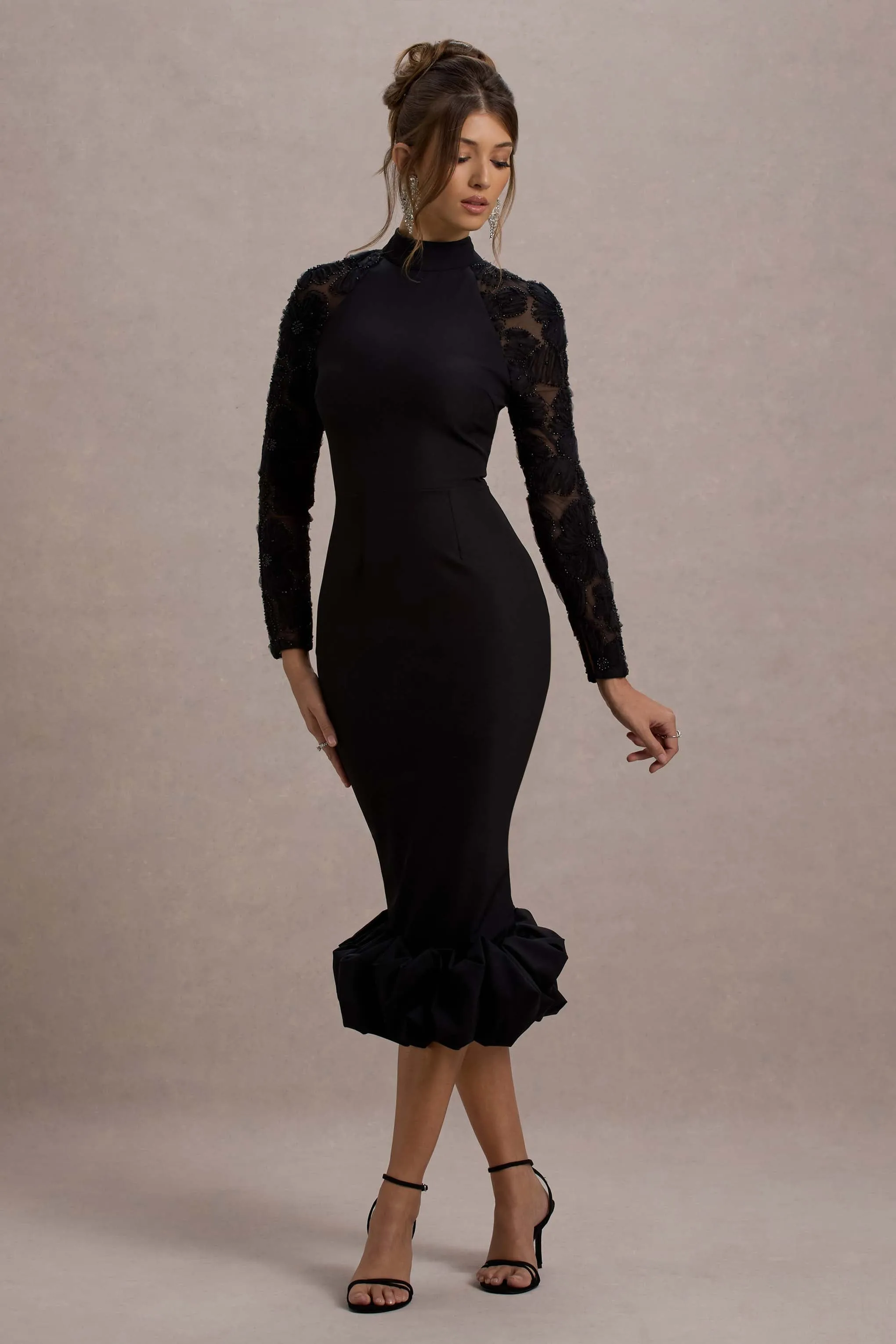 Chandra | Black Mesh Long-Sleeve Midi Dress With Ruffle Hem sold by Club L London product image thumbnail 4