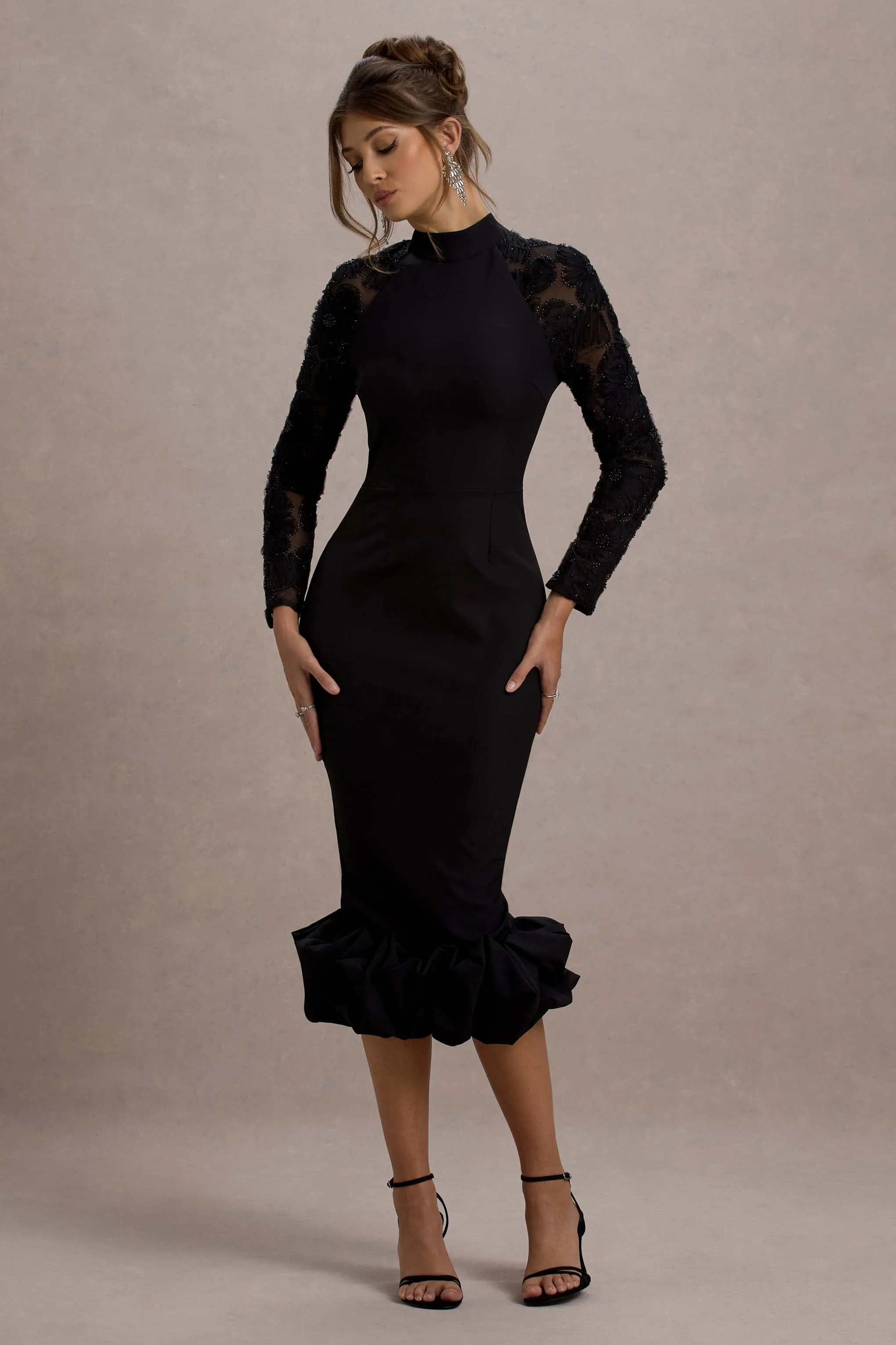 Chandra | Black Mesh Long-Sleeve Midi Dress With Ruffle Hem sold by Club L London product image thumbnail 5