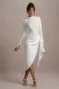 Luanna | Ecru Satin Long-Sleeve Midi Dress With Draped Skirt sold by Club L London