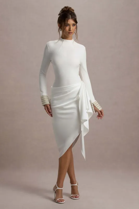 Luanna | Ecru Satin Long-Sleeve Midi Dress With Draped Skirt sold by Club L London