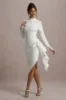 Luanna | Ecru Satin Long-Sleeve Midi Dress With Draped Skirt sold by Club L London