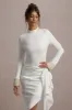 Luanna | Ecru Satin Long-Sleeve Midi Dress With Draped Skirt sold by Club L London