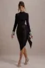 Luanna | Black Satin Long-Sleeve Midi Dress With Draped Skirt sold by Club L London