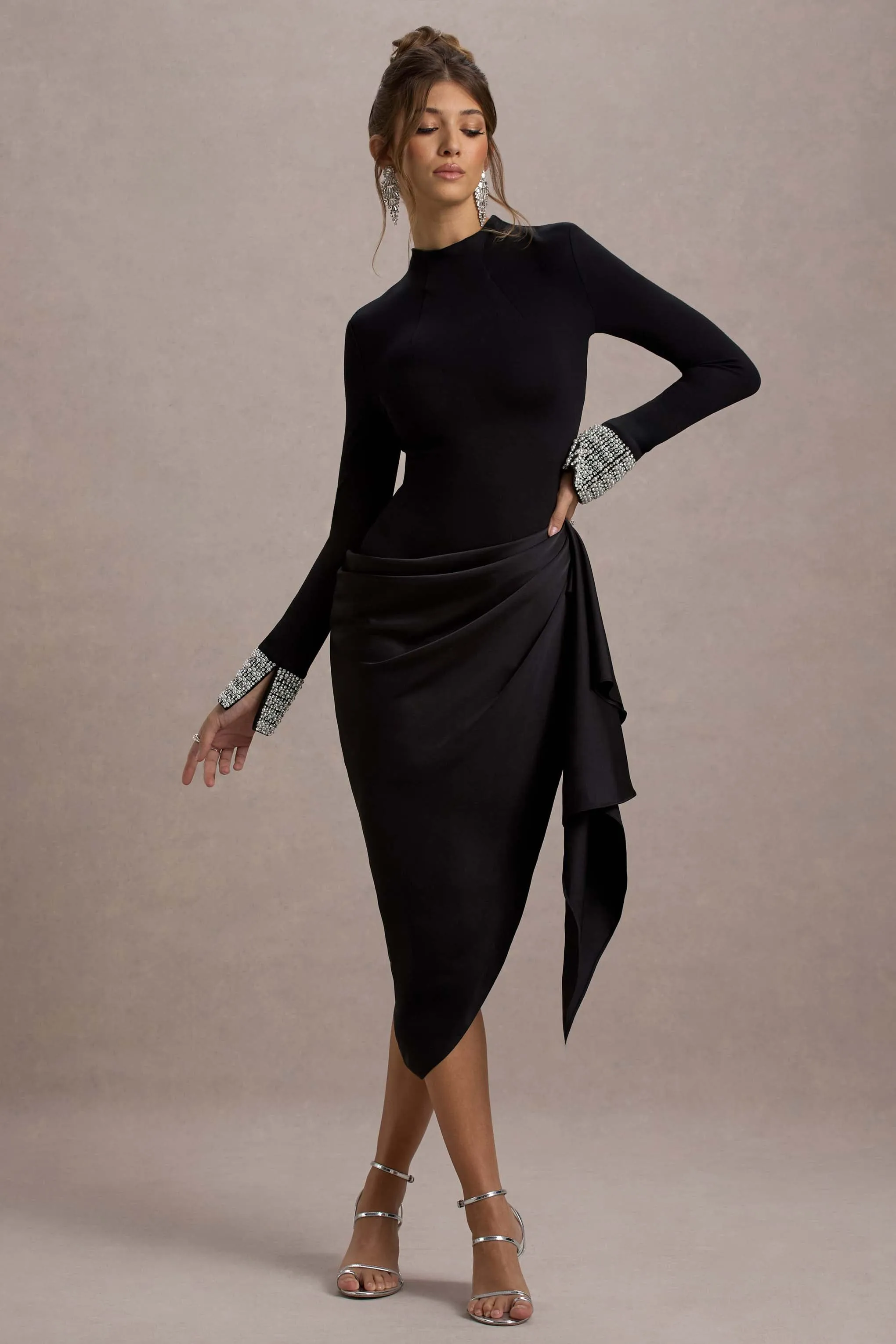 Luanna | Black Satin Long-Sleeve Midi Dress With Draped Skirt sold by Club L London product image thumbnail 4
