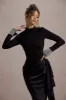 Luanna | Black Satin Long-Sleeve Midi Dress With Draped Skirt sold by Club L London