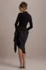 Luanna | Black Satin Long-Sleeve Midi Dress With Draped Skirt sold by Club L London