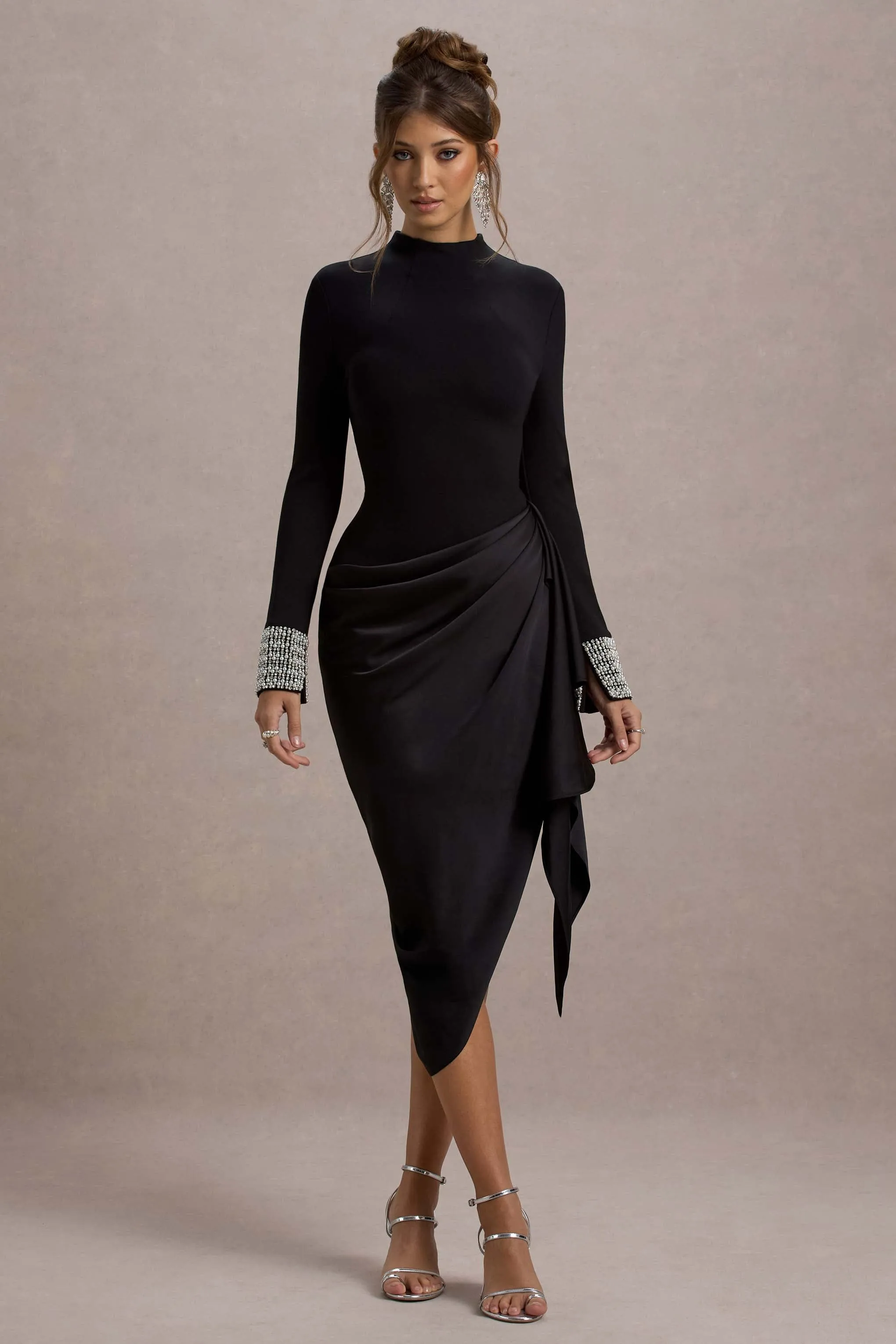 Luanna | Black Satin Long-Sleeve Midi Dress With Draped Skirt sold by Club L London